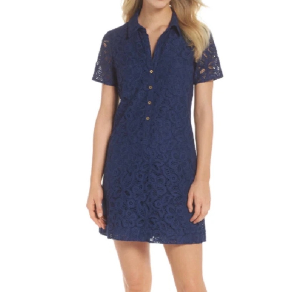 Lilly Pulitzer Navy Blue Floral Lace Shirt Dress Gold Logo Buttons Short Sleeve